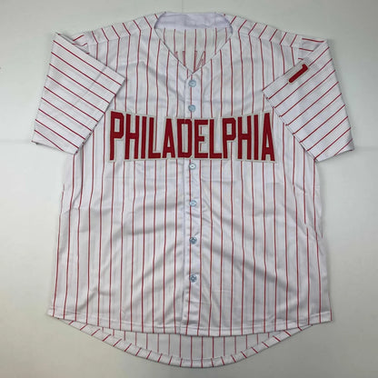 White custom jersey with red pinstripes and PHILADELPHIA for professional sports fans
