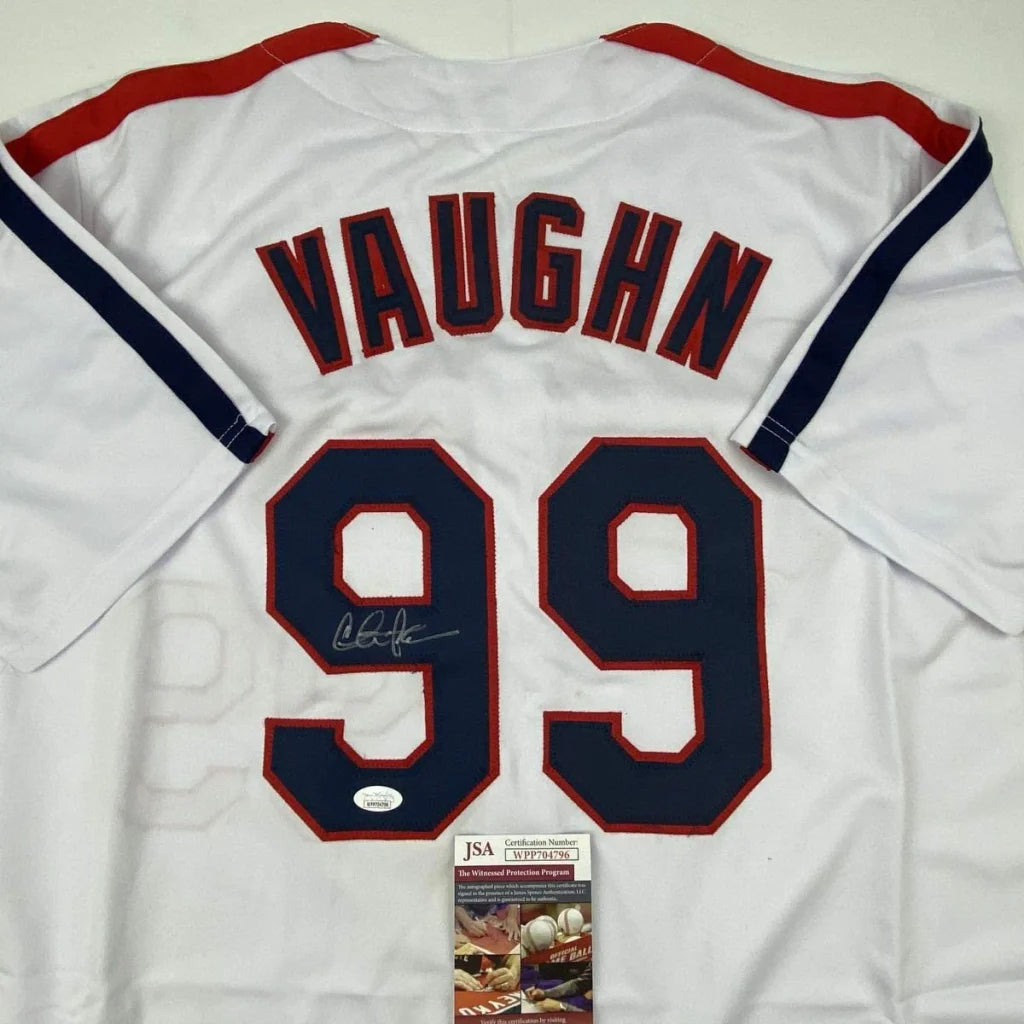 White Wild Thing Ricky Vaughn custom jersey with autograph, red and navy trim in professional sports style