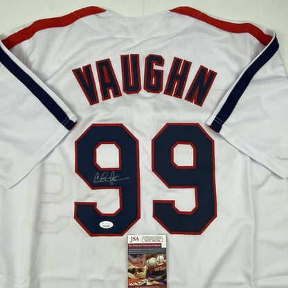 White Wild Thing Ricky Vaughn custom jersey with autograph, red and navy trim in professional sports style