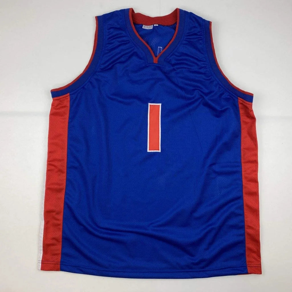 Autographed Chauncey Billups custom Detroit blue basketball jersey with red mesh and white-bordered number one, professional sports league