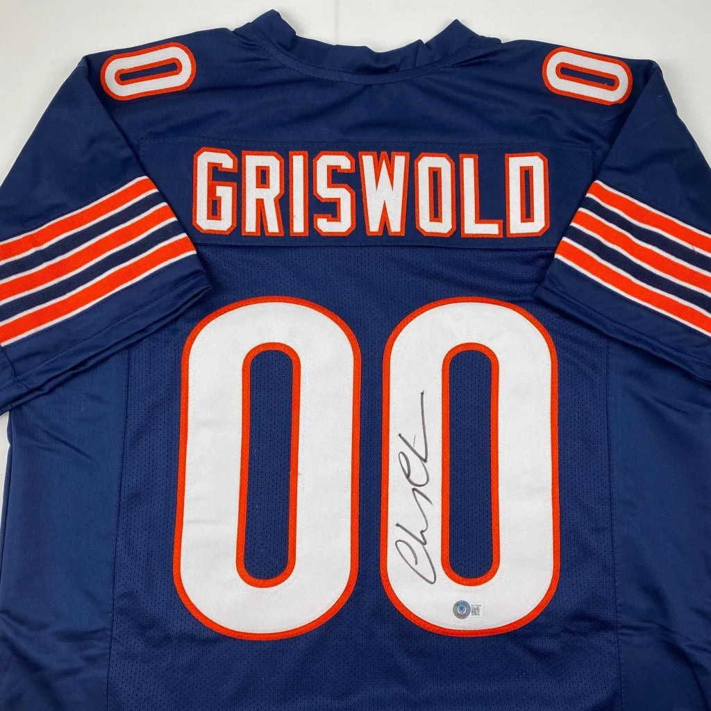 Autographed Chevy Chase Clark Griswold Christmas Vacation Chicago Blue Football Jersey Beckett BAS COA | Certified Authentic Signed Memorabilia | vintageantiquesgifts.com