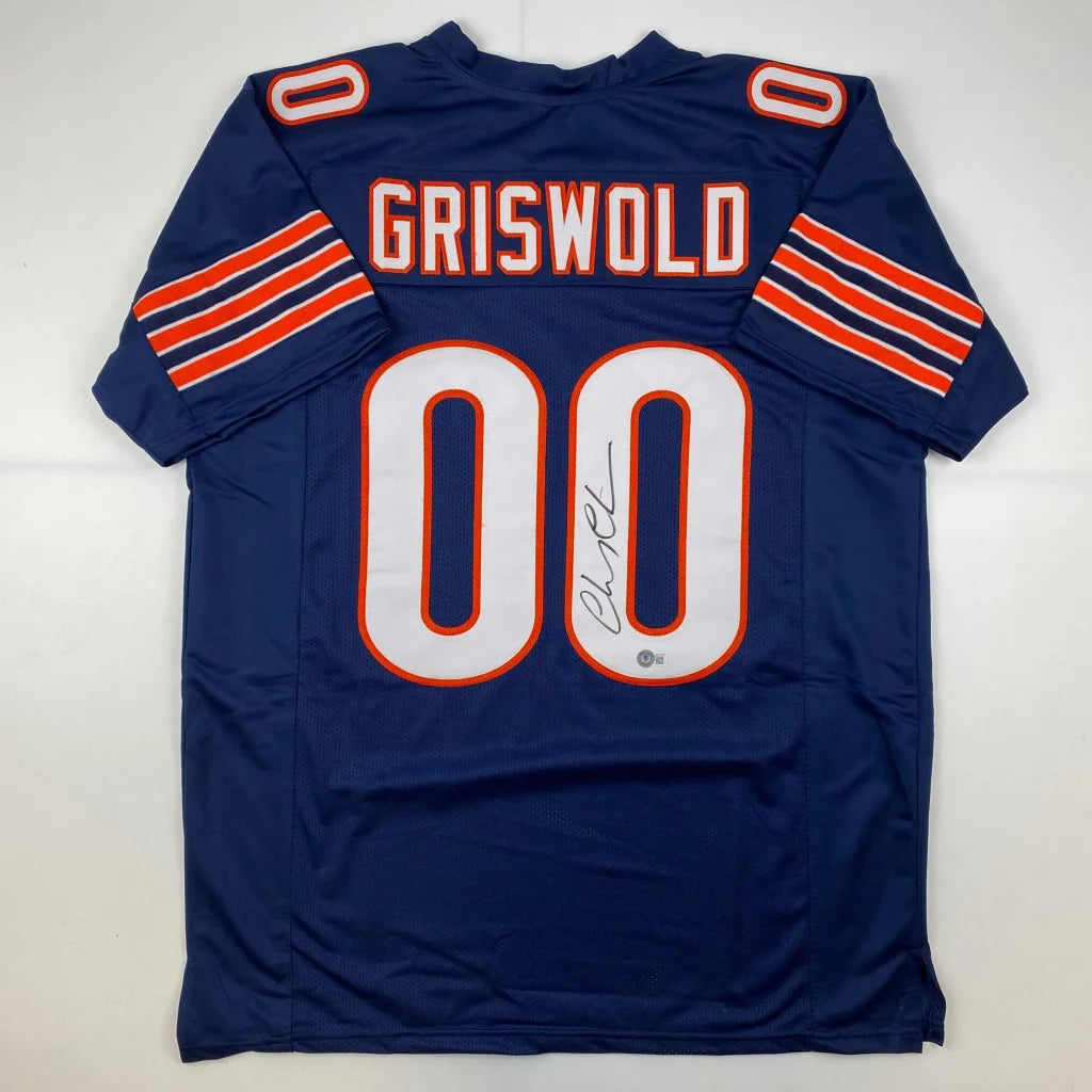 Autographed Chevy Chase Clark Griswold Christmas Vacation Chicago Blue Football Jersey Beckett BAS COA | Hall of Fame Sports Memorabilia | vintageantiquesgifts.com