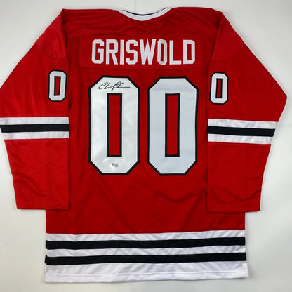 Autographed Chevy Chase Clark Griswold Christmas Vacation Movie Chicago Red Hockey Jersey Beckett BAS COA | Hall of Fame Sports Memorabilia | vintageantiquesgifts.com