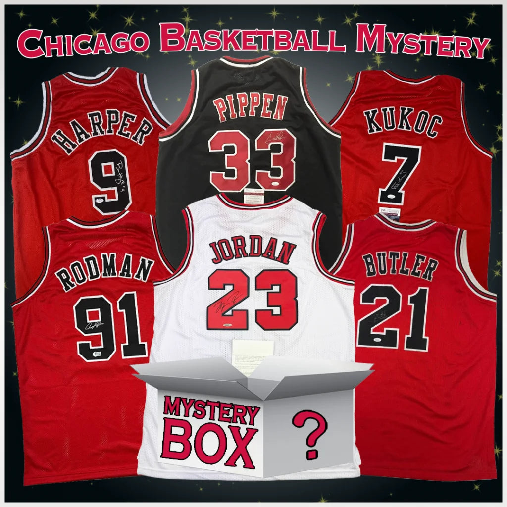 Autographed Chicago Bulls jerseys with Jordan, Pippen, Harper, Kukoc, Rodman, Butler