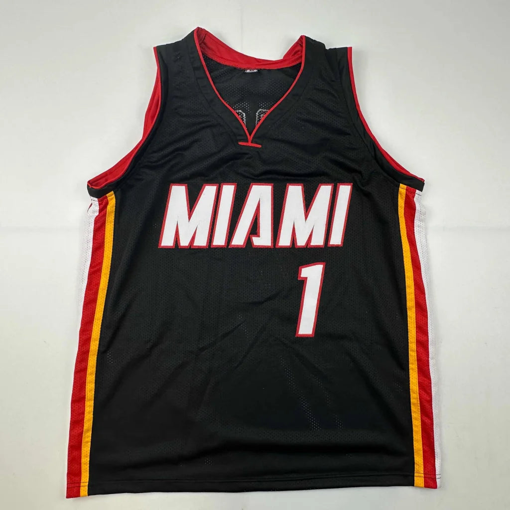 Black Miami Heat basketball jersey with red, white, and yellow trim from a signed professional sports league custom jersey