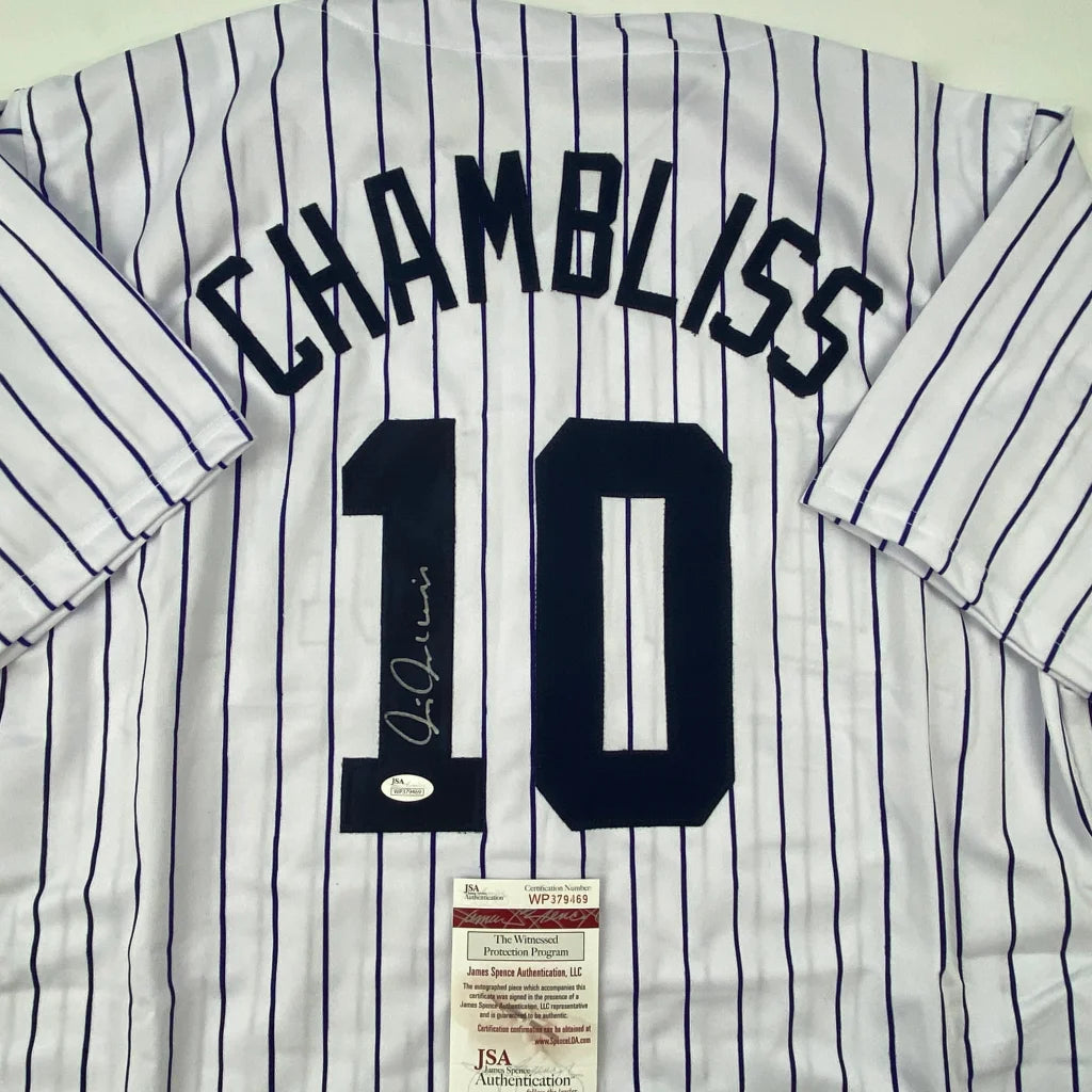 Autographed Chris Chambliss New York Pinstripe Baseball Jersey JSA COA | Certified Authentic Signed Memorabilia | vintageantiquesgifts.com
