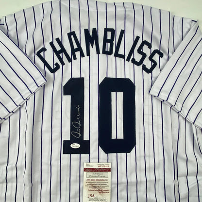 Autographed Chris Chambliss New York Pinstripe Baseball Jersey JSA COA | Certified Authentic Signed Memorabilia | vintageantiquesgifts.com