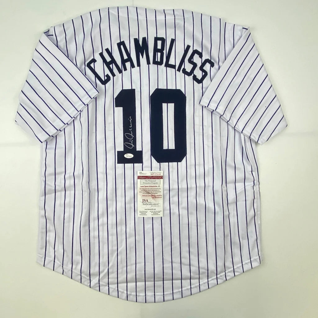 Autographed Chris Chambliss New York Pinstripe Baseball Jersey JSA COA | Hall of Fame Sports Memorabilia | vintageantiquesgifts.com