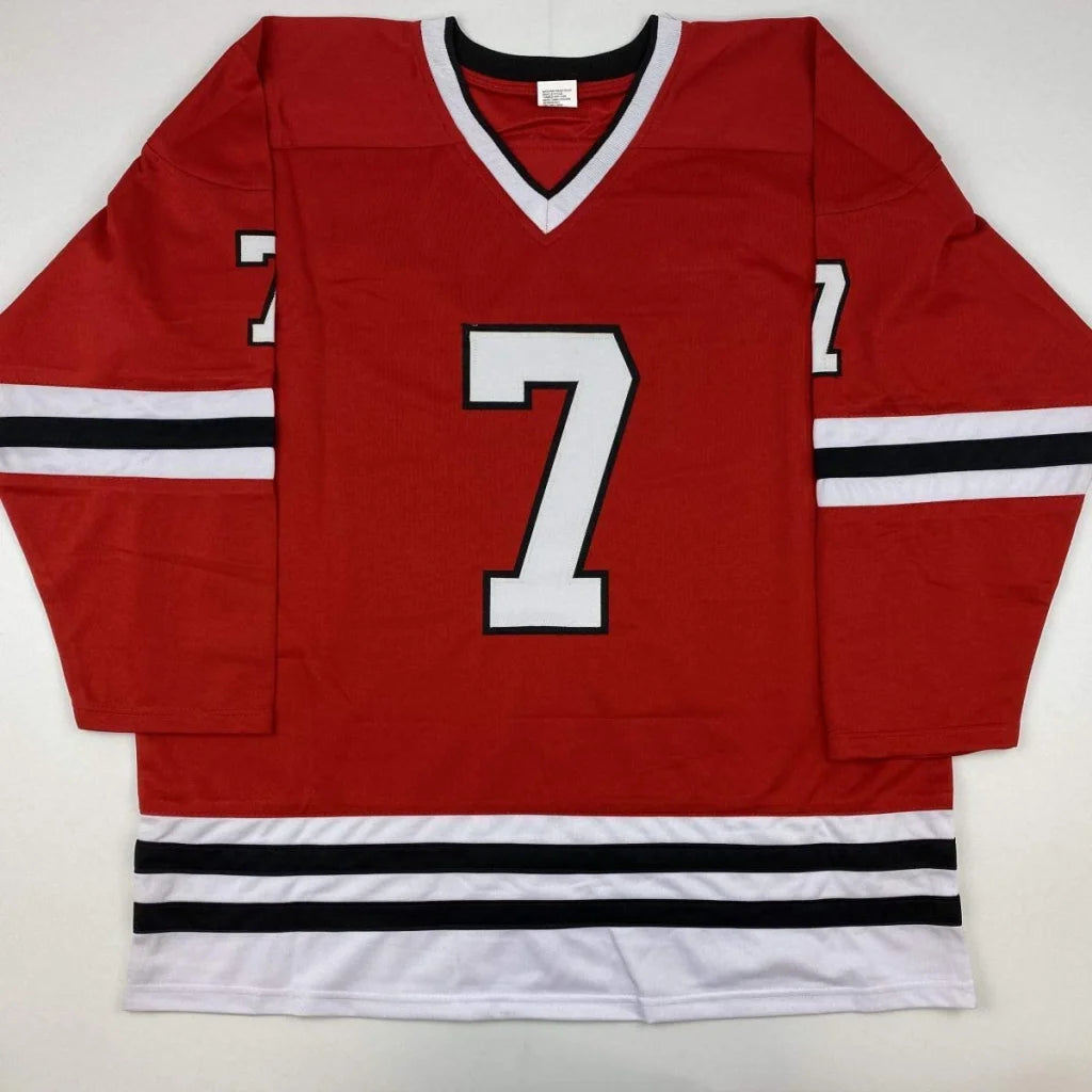 Red long-sleeved custom jersey with white black stripes and number 7 for Professional Sports League