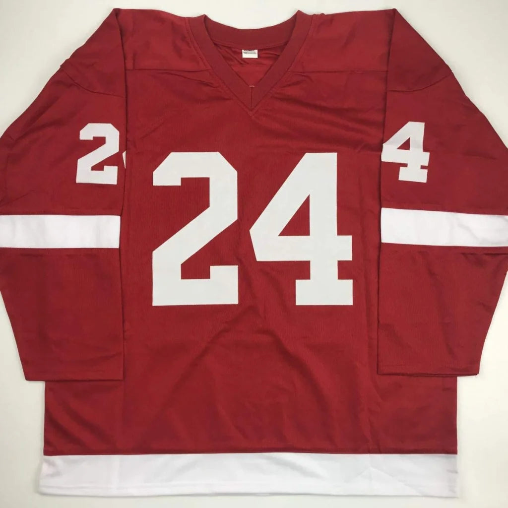 Crimson red custom jersey with white number 24 and stripes, v-neck collar, autographed Chris Chelios Detroit Red professional sports league hockey jersey