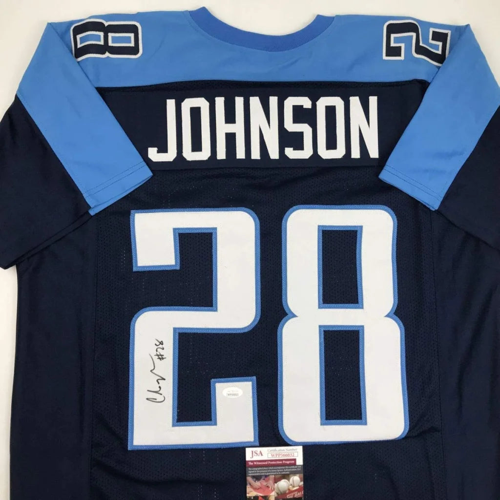 ChrisChris Johnson Tennessee custom jersey #28 with blue white design and JSA COA_