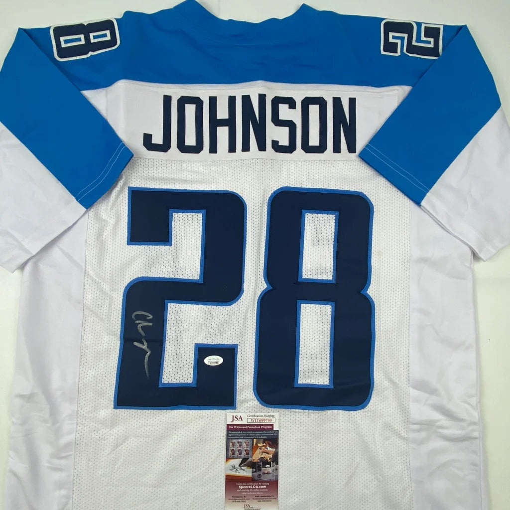 Autographed White and Blue Custom Jersey from Professional Sports League with Johnson 28
