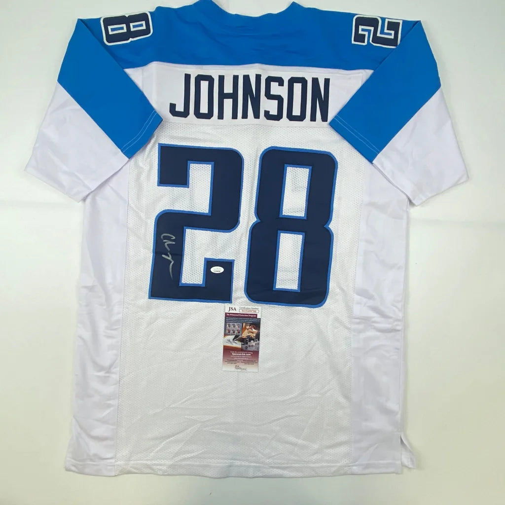 Autographed white and blue professional sports league custom jersey with Johnson 28 name