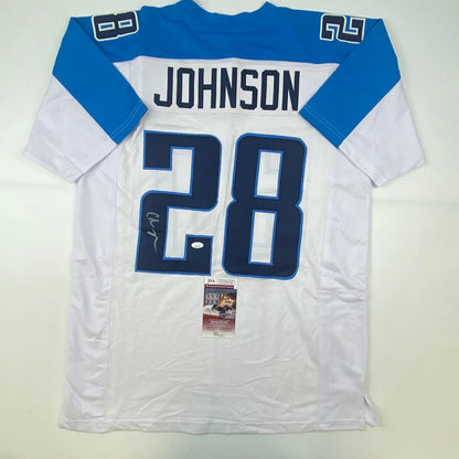 Autographed white and blue professional sports league custom jersey with Johnson 28 name