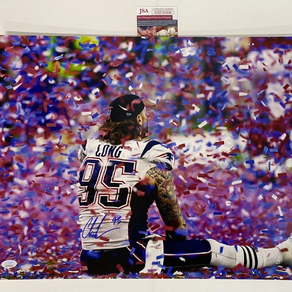 Autographed Patriots Super Bowl champions 16x20 photo with third party authentication and confetti
