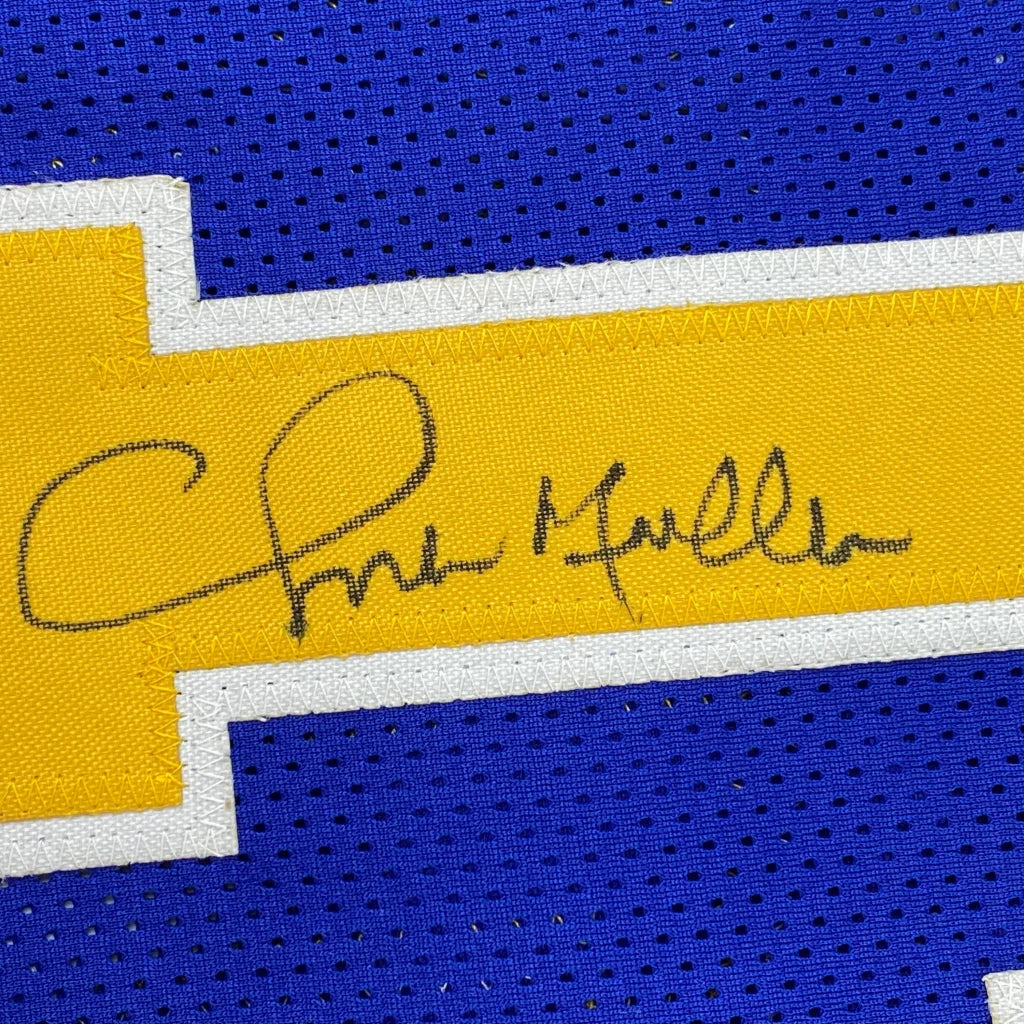 Autographed blue and yellow Chris Mullin Golden State Warriors professional sports jersey