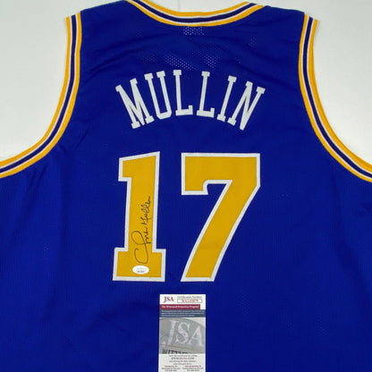 Blue Chris Mullin Golden State Warriors jersey with autograph, authentic professional sports gear