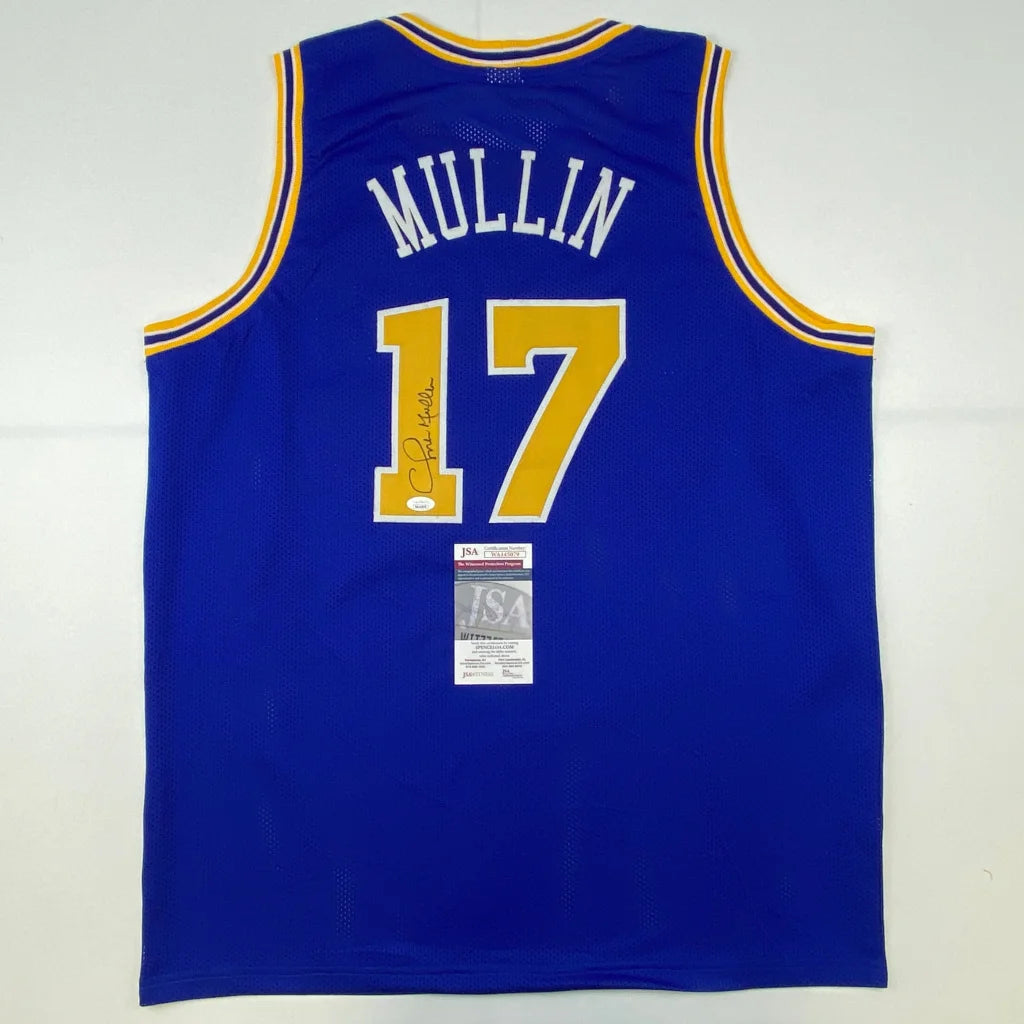 Blue Chris Mullin Golden State Warriors professional sports jersey with signature and 17 on front