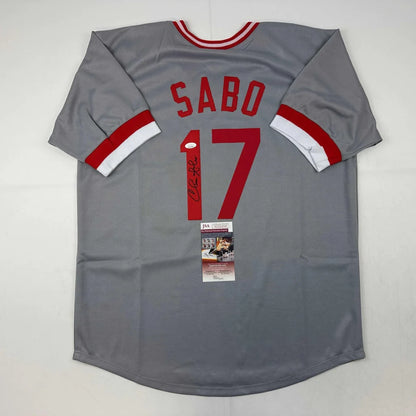 Autographed Chris Sabo Cincinnati Grey Baseball Jersey JSA COA | Hall of Fame Sports Memorabilia | vintageantiquesgifts.com