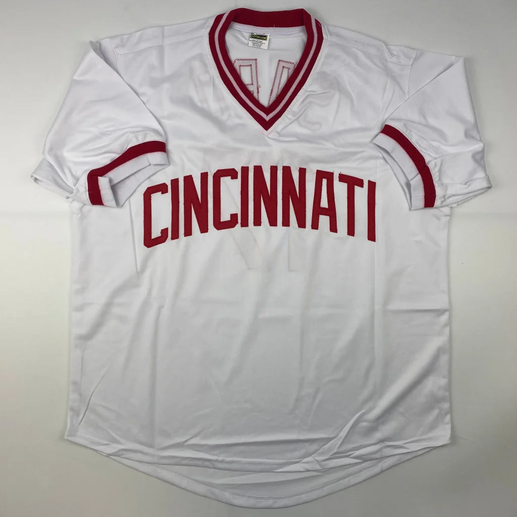 White custom jersey with red trim and CINCINNATI for professional sports fans