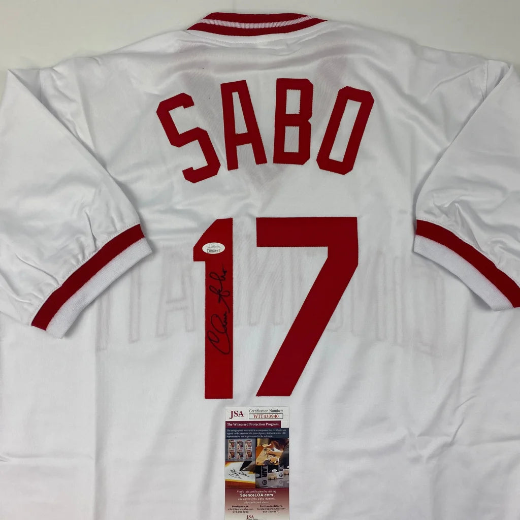 Autographed Chris Sabo Cincinnati White Baseball Jersey JSA COA | Certified Authentic Signed Memorabilia | vintageantiquesgifts.com