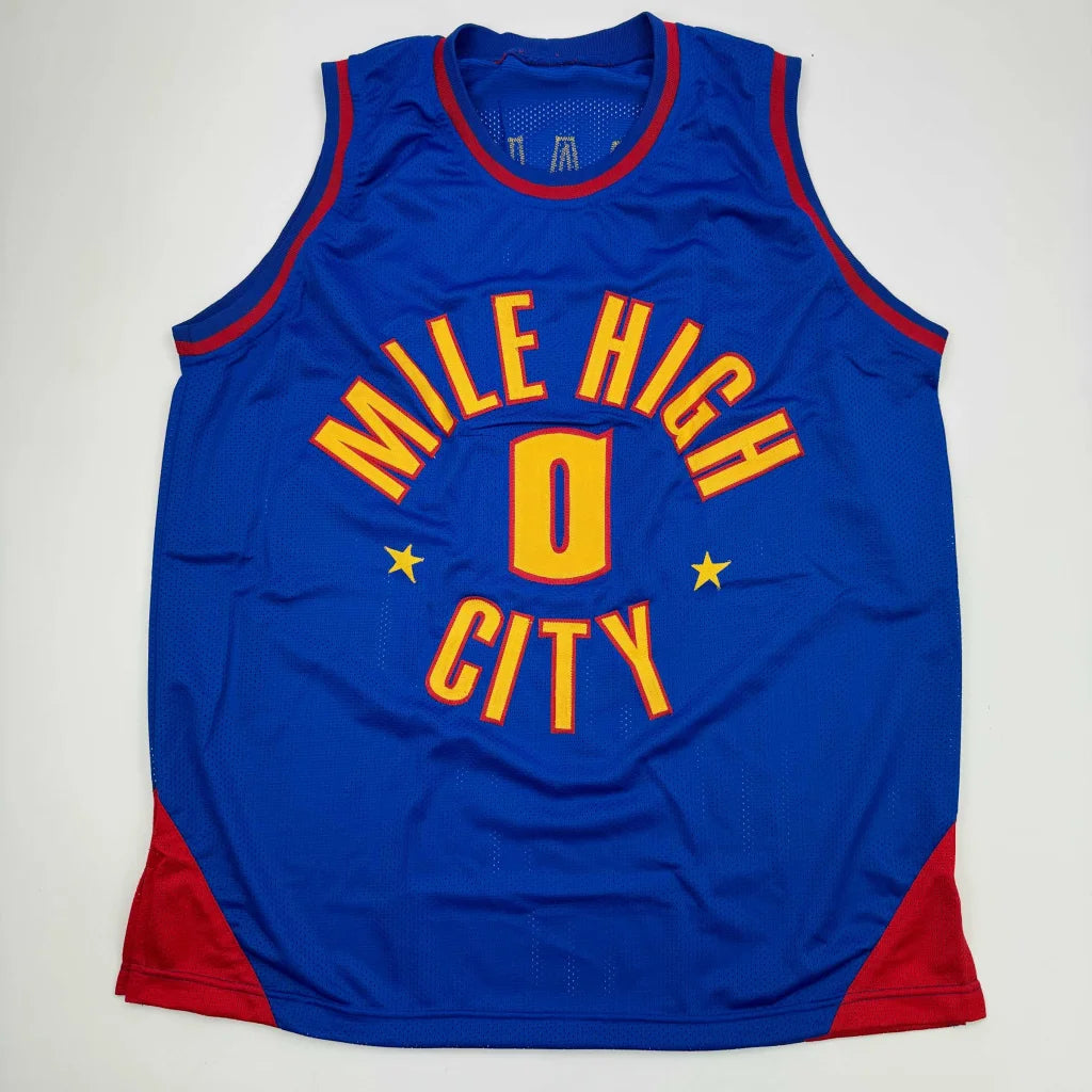 Autographed Christian Braun Denver royal blue basketball custom jersey with mile high city yellow lettering for professional sports league