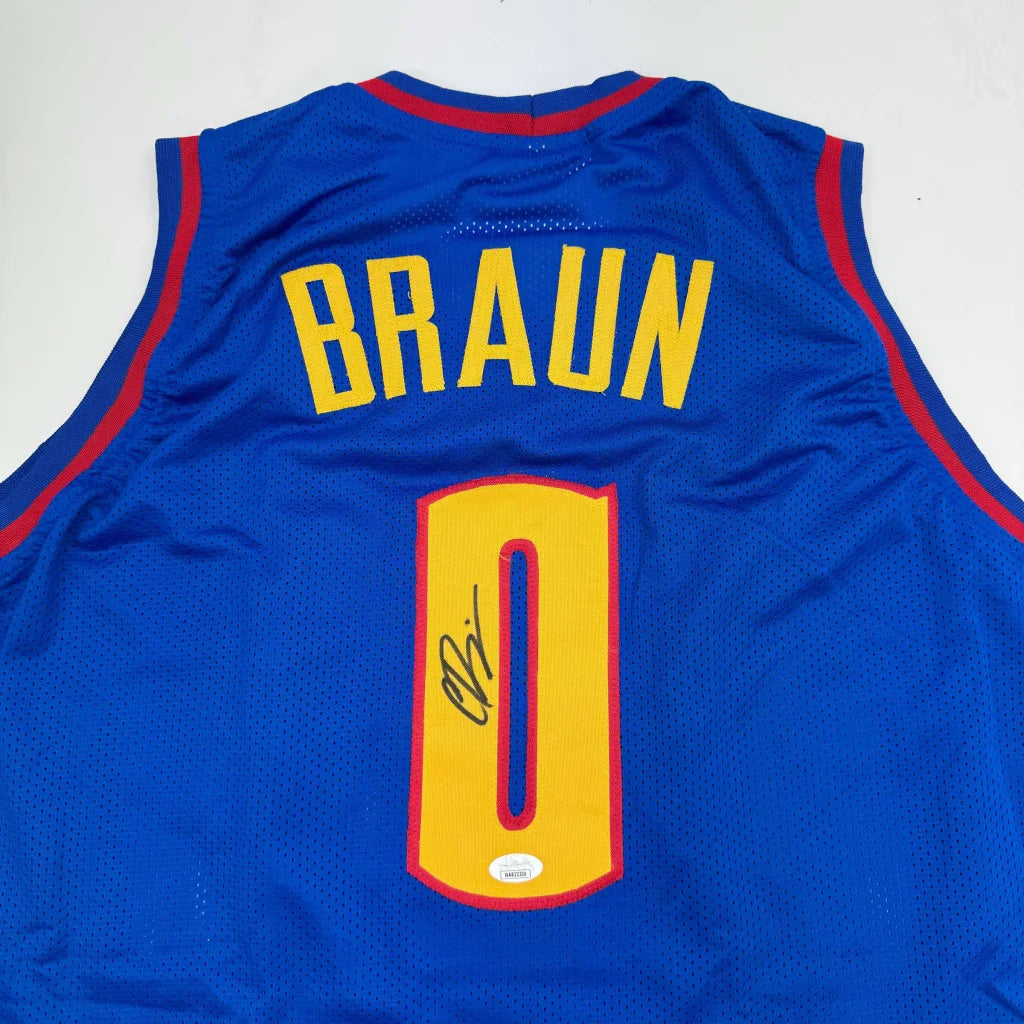 Autographed christian braun denver royal blue custom jersey with yellow lettering and red trim for professional sports league
