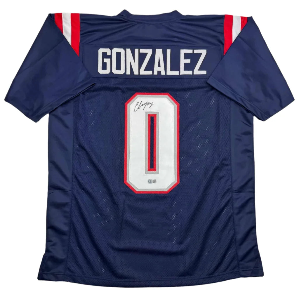 Back of autographed Christian Gonzalez navy custom jersey, New England pro sports league, Gonzalez 0