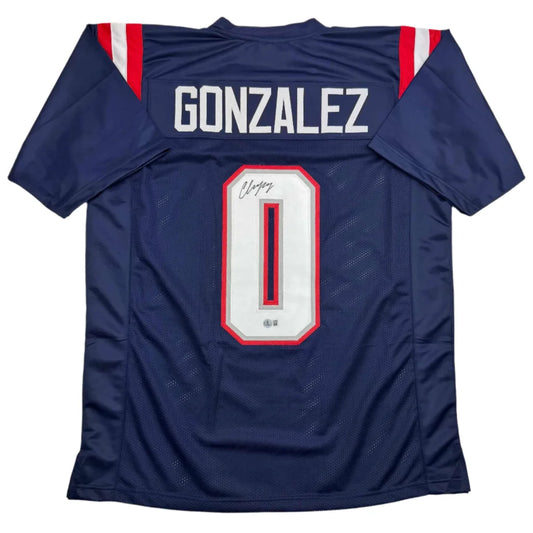 Back of autographed Christian Gonzalez navy custom jersey, New England pro sports league, Gonzalez 0