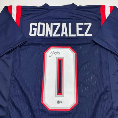 Back of autographed Christian Gonzalez navy custom jersey, New England Patriots, Beckett COA