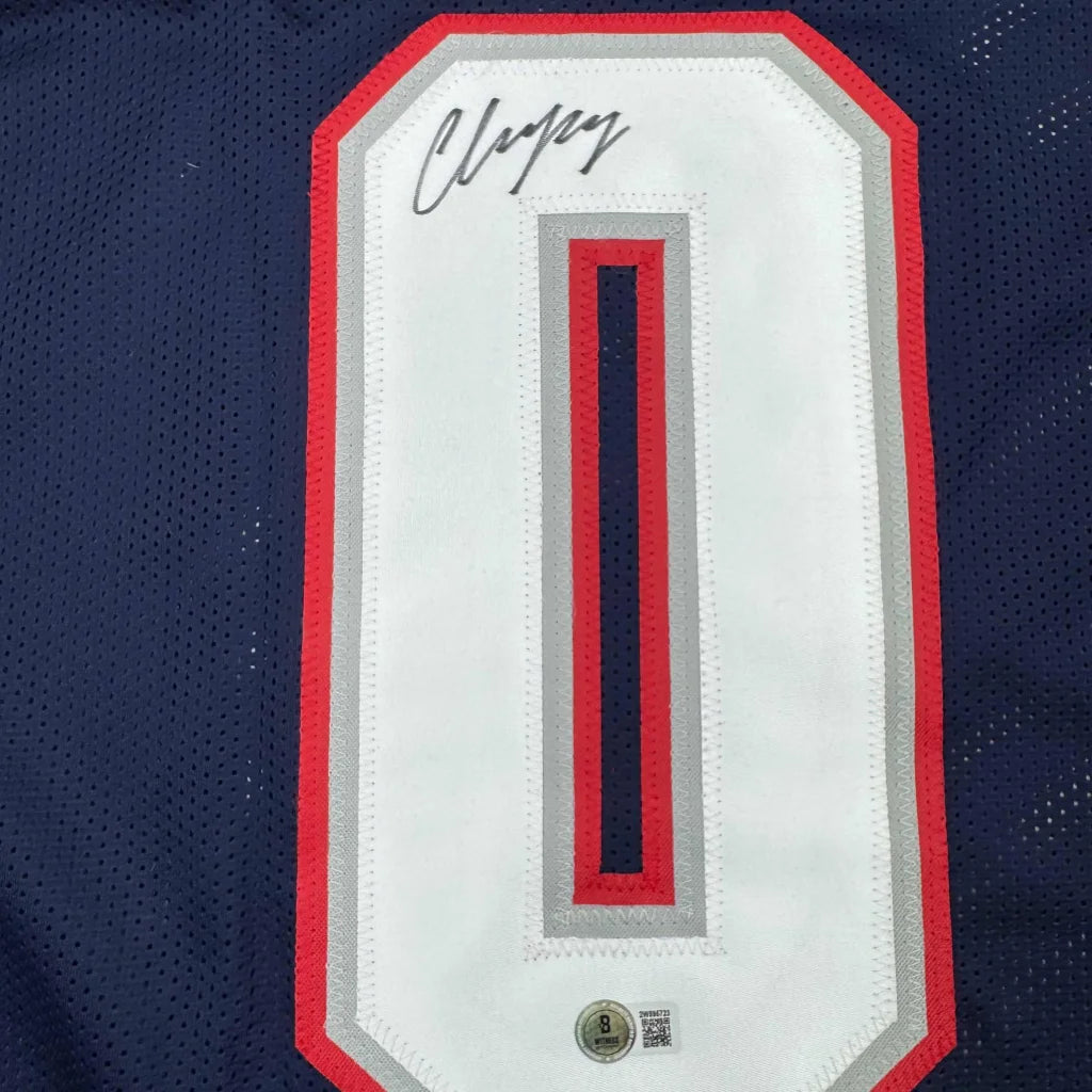 Autographed white 0 patch on custom Christian Gonzalez New England Patriots jersey