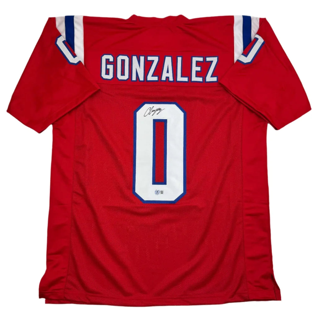 Autographed Christian Gonzalez red custom jersey back, New England pro sports league