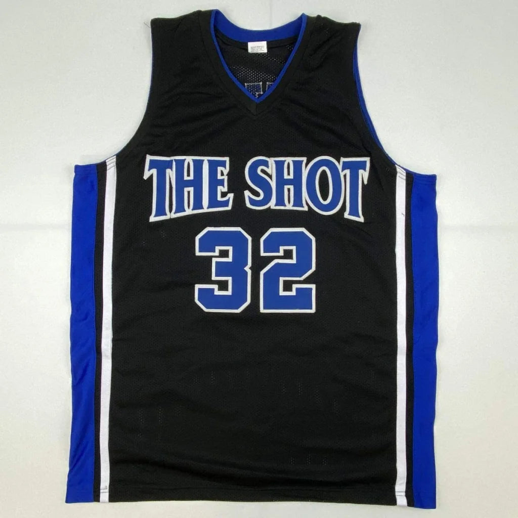 Black sleeveless basketball jersey with blue panels and white trim, perfect for sports memorabilia