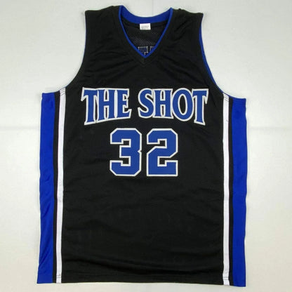 Black sleeveless basketball jersey with blue panels and white trim, perfect for sports memorabilia