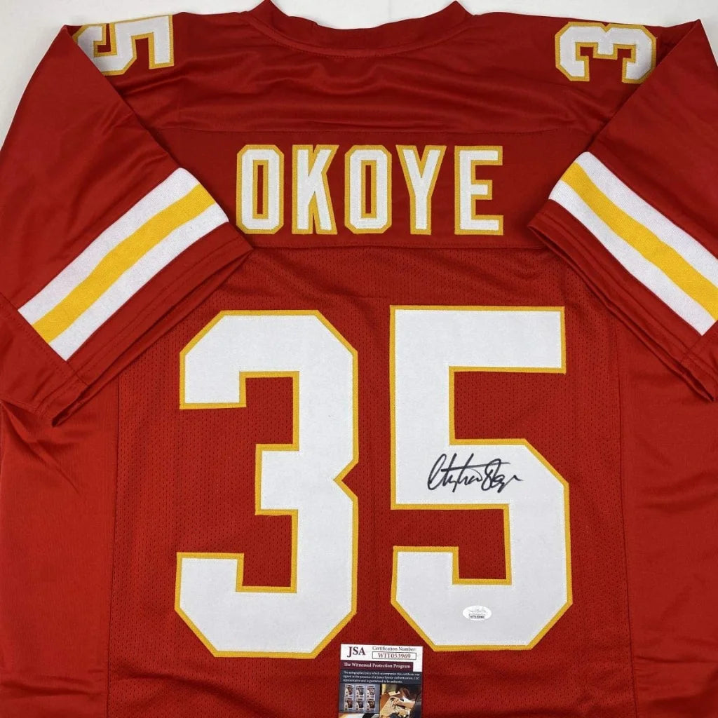Autographed Christian Okoye red Kansas City Chiefs custom jersey, number 35