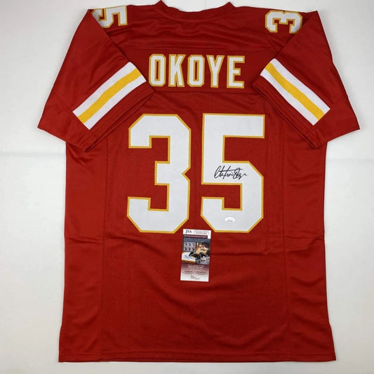 Autographed Christian Okoye red Kansas City Chiefs custom jersey, number 35
