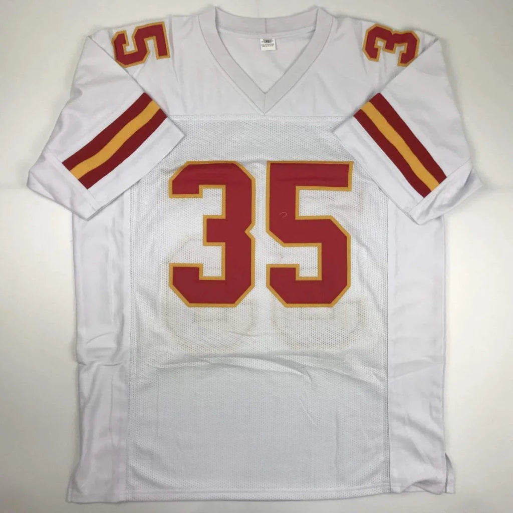 White Christian Okoye custom jersey with red gold stripes for professional sports league fans