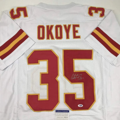 Autographed Christian Okoye custom Chiefs white jersey with Okoye 35
