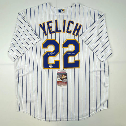 White pinstriped Yelich 22 jersey with third party authentication for fans
