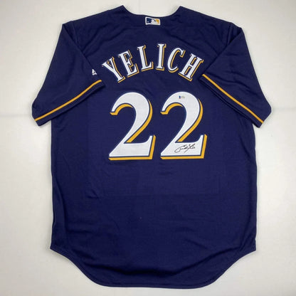 Navy blue Milwaukee Brewers custom jersey signed by Yelich, perfect for professional sports fans