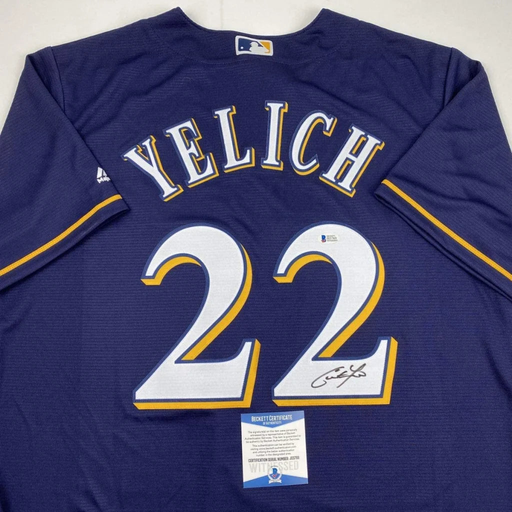 Navy blue Milwaukee Brewers custom jersey with Yelich signature, Beckett auth for pro sports fans