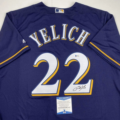 Navy blue Milwaukee Brewers custom jersey with Yelich signature, Beckett auth for pro sports fans