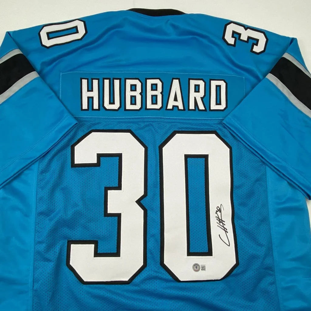 Blue Chuba Hubbard custom jersey from professional sports league with white numbers