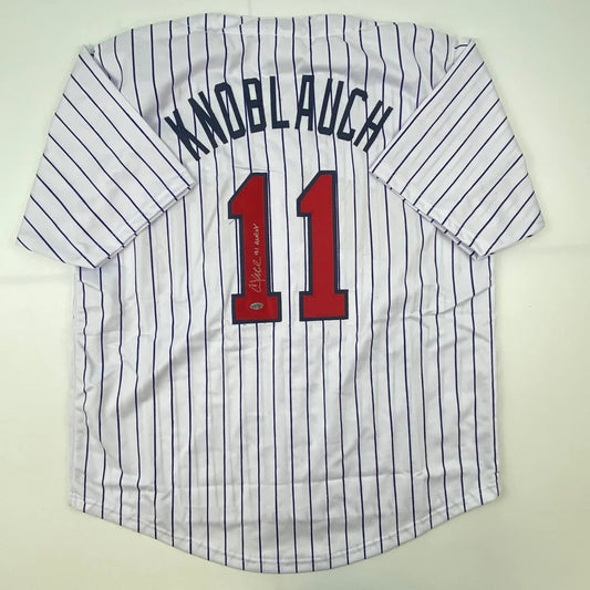 Autographed Minnesota Twins Chuck Knoblauch baseball jersey from professional sports league