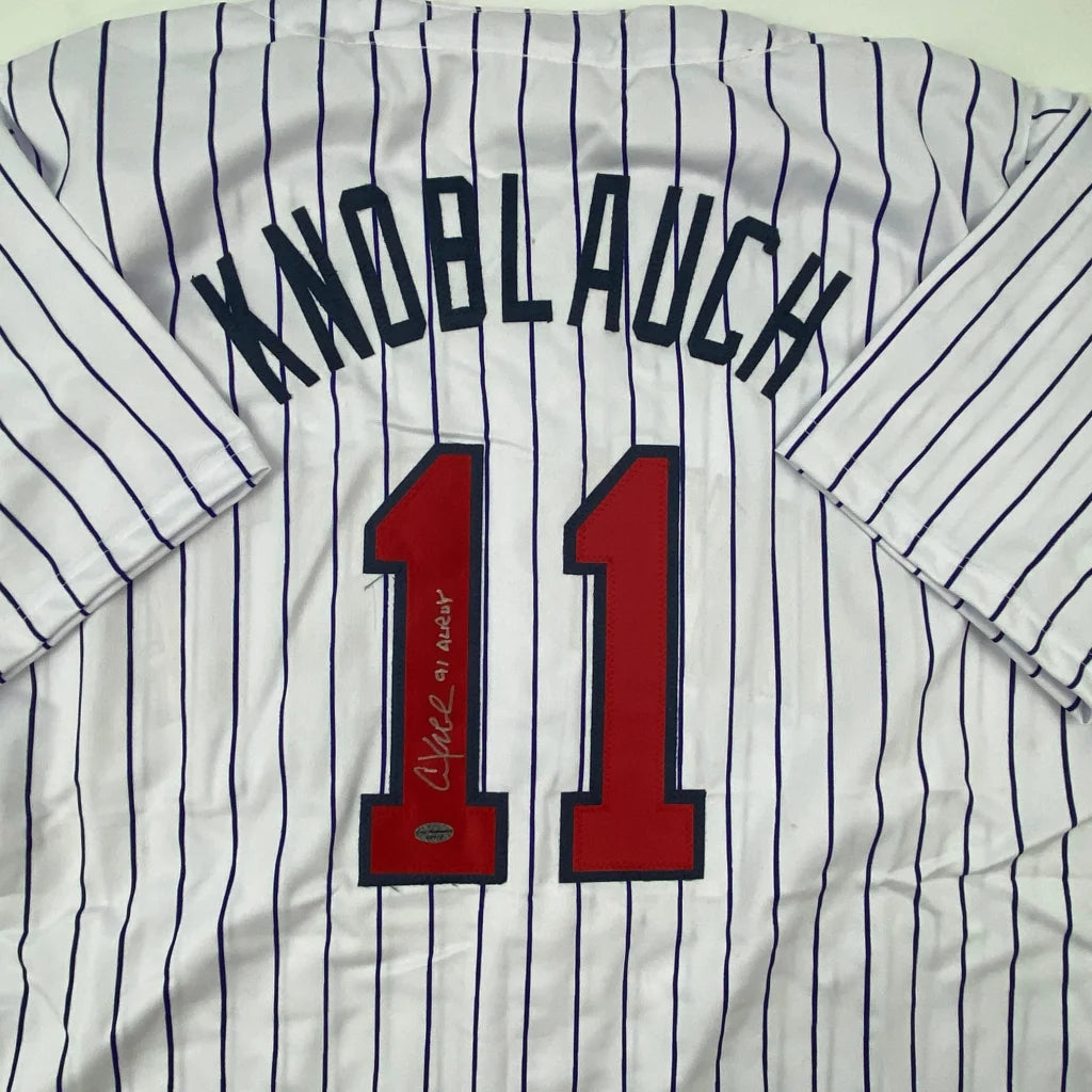 Autographed Chuck Knoblauch Minnesota custom jersey with pinstripes