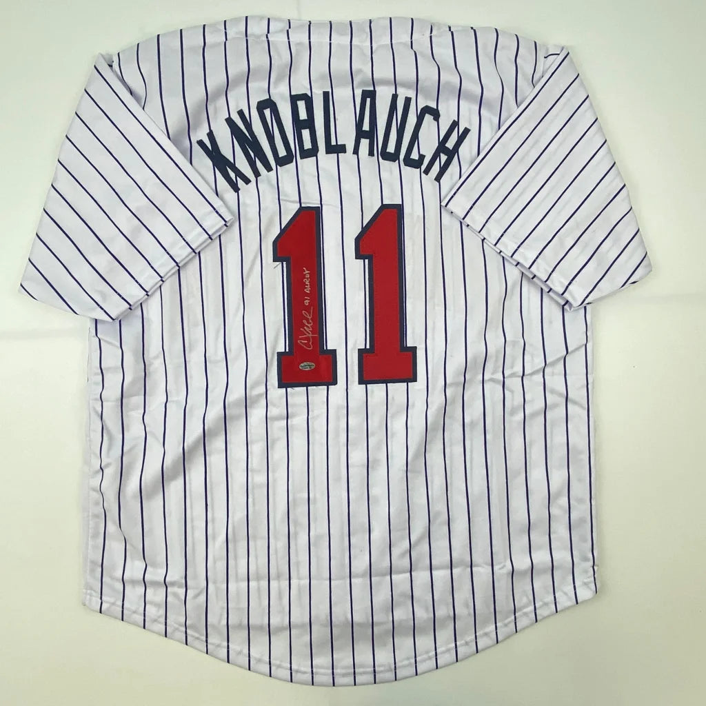 Autographed Chuck Knoblauch custom Minnesota pinstripe jersey, MLB pro sports