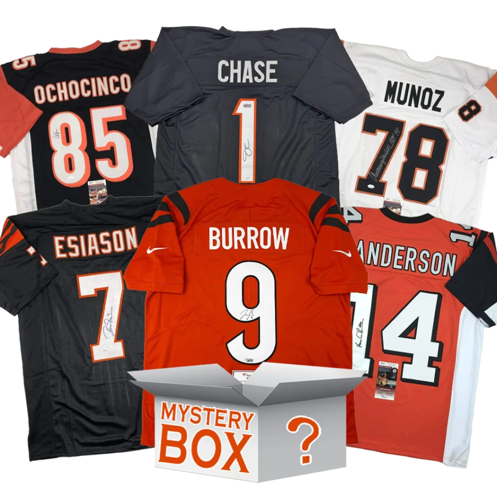 A collection of sports jerseys and a mystery box.