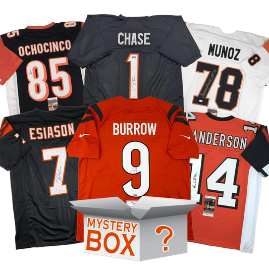 A collection of sports jerseys and a mystery box.