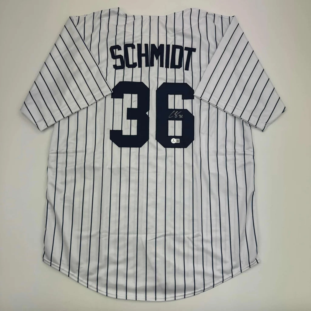 Autographed Clarke Schmidt New York Pinstripe Baseball Jersey Beckett BAS COA | Hall of Fame Sports Memorabilia | vintageantiquesgifts.com