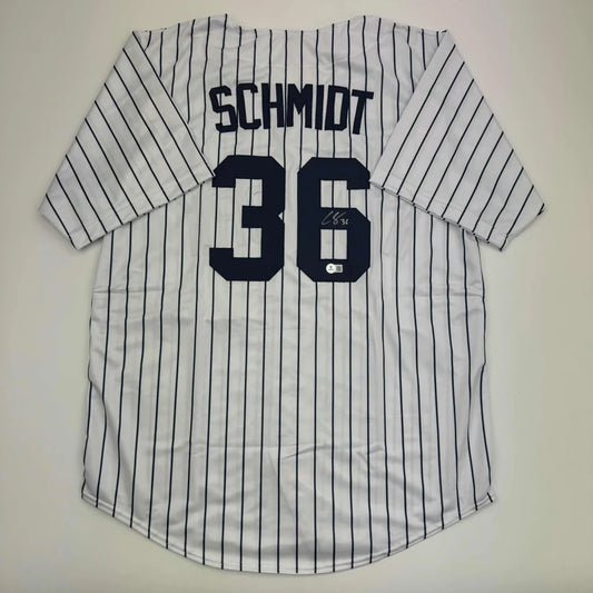 Autographed Clarke Schmidt New York Pinstripe Baseball Jersey Beckett BAS COA | Hall of Fame Sports Memorabilia | vintageantiquesgifts.com